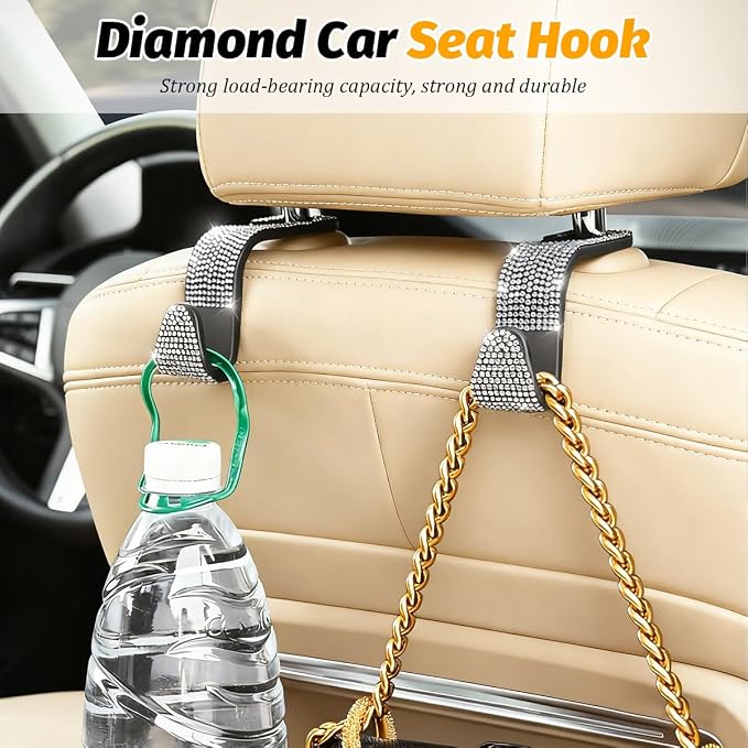 HZEL Bling Car Seat Headrest Hooks, 4PCS Crystal Rhinestone Vehicle Seat Back Hanger Holder for Purses Bag Handbags, Diamond Headrest Storage Organizer, Universal Auto Accessories (Blue)