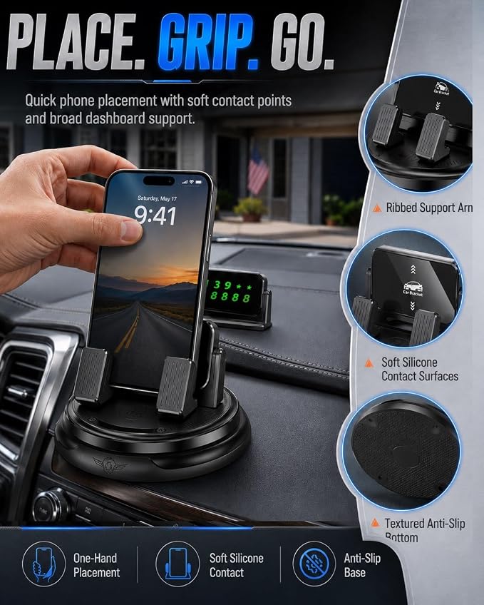 Car Phone Holder 360 Degree Rotation Navigation Mount Splendid Dashboard Windshield Accessories for Women Rotating Soporte De Telefono para Carro Grip Anti-Slip Grips(Glow Number Edition)
