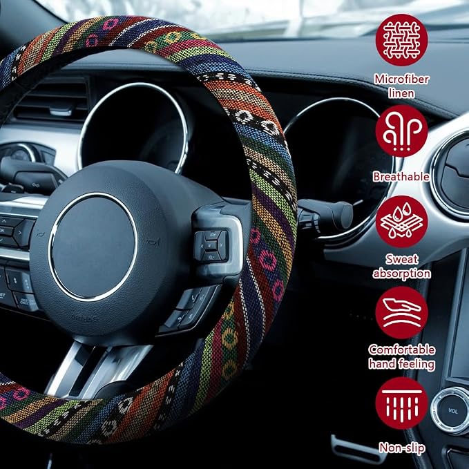 Boho Steering Wheel Cover, Ethnic Style Car Steering Wheel Cover Protector, Anti-Slip Flax Cloth Cover Universal Fits 14.5-15 Inch Steering Wheel, Interior Car Accessories(A Style)