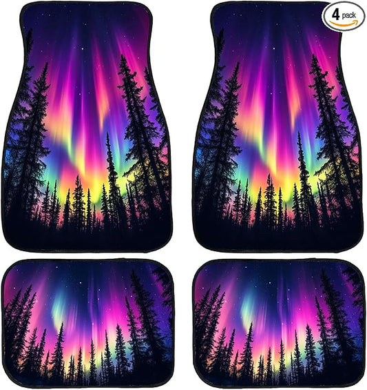 Aurora Car Floor Mats Colorful Northern Light Pine Forest Sky Carpet Front Rear Carpets Mat Decorative Car Floor Carpets Non-Slip Auto Car Accessories Universal Fit Car Accessories for Truck
