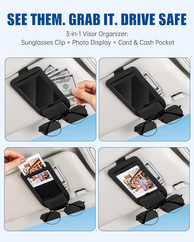 Car Visor Sunglasses Holder, 3 in 1 Glasses Clip with Photo Picture Display & Extra Storage Pocket, Anti-Slip Universal Sun Visor Organizer, 2026 Upgraded (1, Black)