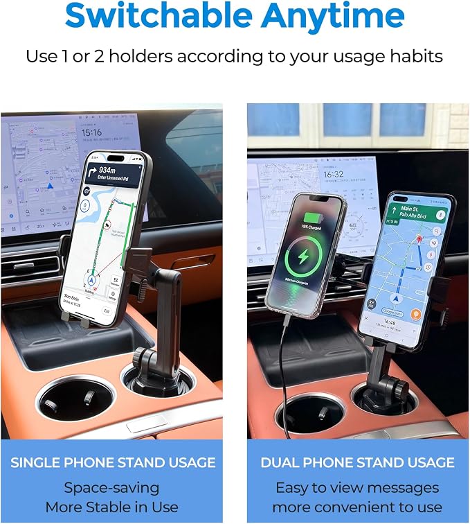 Qi2.2 25W Dual Cup Holder Car Charger with Phone Mount | Qi2.2 25W Dual Cup Holder Car Charger, MagSafe Compatible, Holds 2 Phones, Fits 4-7.2" Smartphones