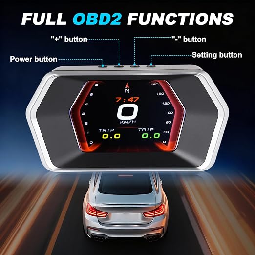 OBD2 GPS Dual System Car HUD Display - Digital Speedometer with Water Temp Voltage RPM - Universal Heads Up Display for All Vehicles