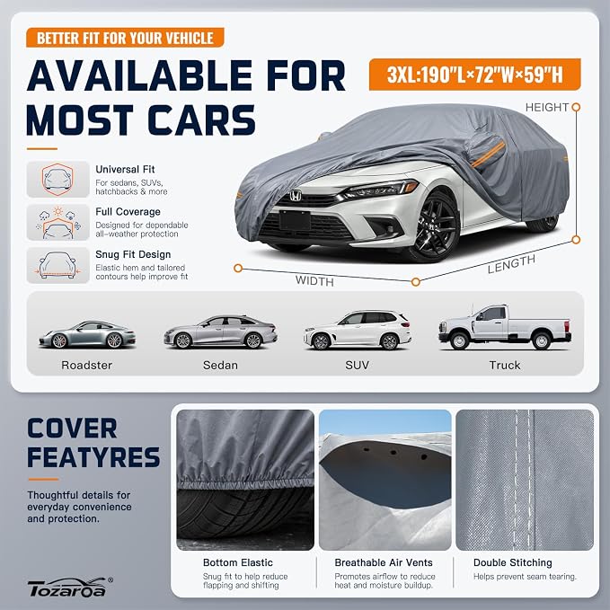 Car Cover Waterproof All-Weather,Outdoor Full Exterior Sedan Covers (Length 186-193 inch) Custom Fit for Toyota Camry,Tesla Model 3,VW Jetta,BMW 3 Series,Elantra,etc,Size A2(See SizeChart)