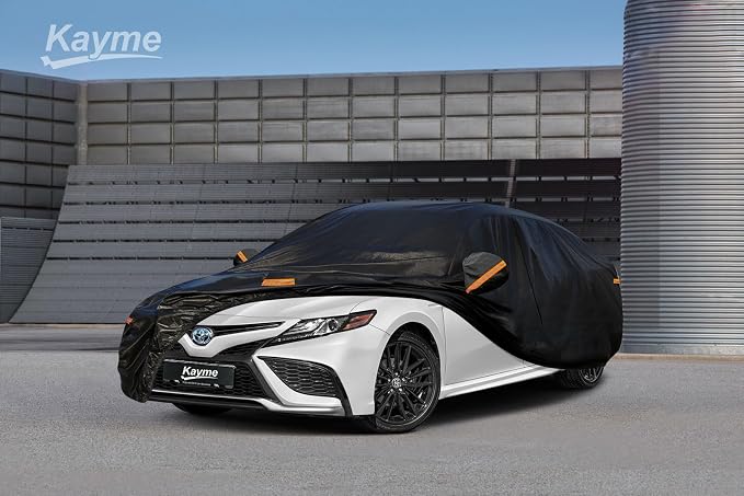 Kayme 7 Layers Car Cover Custom Fit for Toyota Camry Sedan/Solara (1996-2025) Waterproof All Weather for Automobiles, Outdoor Full Cover Rain Sun UV Protection with Zipper Cotton/Black