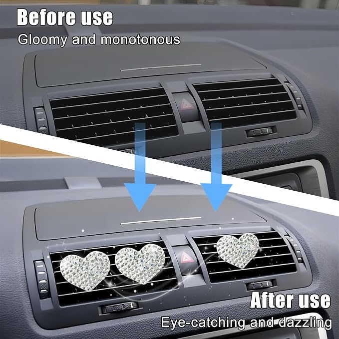 Bling Heart Rhinestone Air Vent Clips, 6 PCS Sparkling Crystal Heart Vent Clips Car Accessories Interior, Car Decorations for Women Girls Auto SUV (Silver)