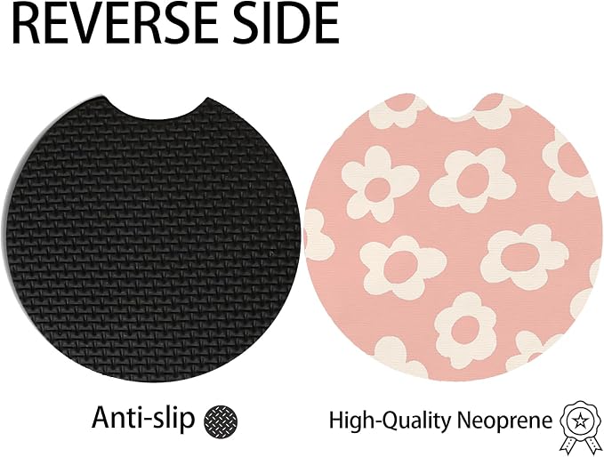 2pcs Pink and White Flowers Car Coasters,Absorbent Universal neoprener Cup Holder Coasters with a Finger Notch,Car Accessories for Women&Man Interior，2.75"