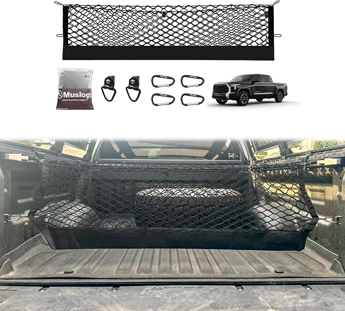 Muslogy Truck Bed Cargo Net Compatible with Toyota Tundra 2007-2024 2025 2026 Accessories, Pickup Truck Bed Cargo Organizer Storage Net with Heavy Duty Carabiners