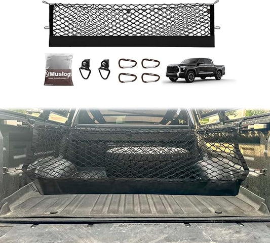 Muslogy Truck Bed Cargo Net Compatible with Toyota Tundra 2007-2024 2025 2026 Accessories, Pickup Truck Bed Cargo Organizer Storage Net with Heavy Duty Carabiners