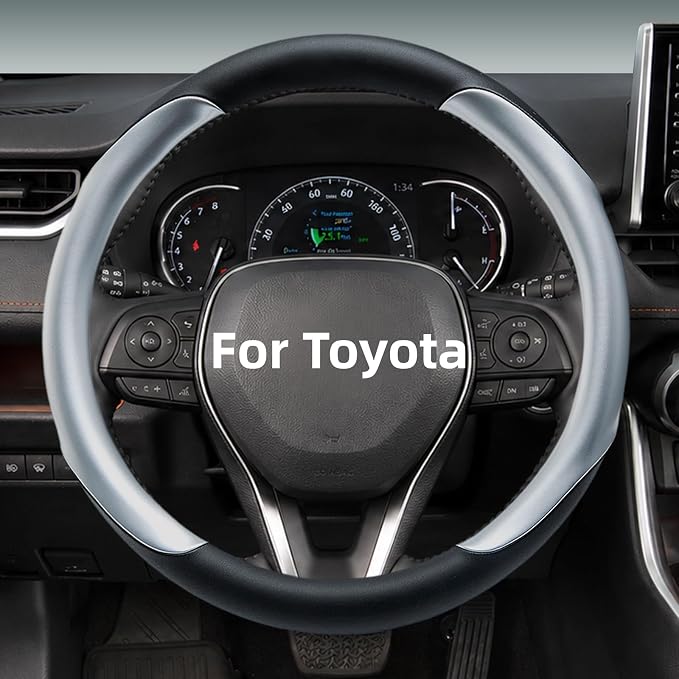 Yangday Leather Steering Wheel Cover for Toyota RAV4 Corolla Camry Highlander, 14.5-15 inches Car Steering Wheel Cover with Non-Slip Breathable (Bright Silver)