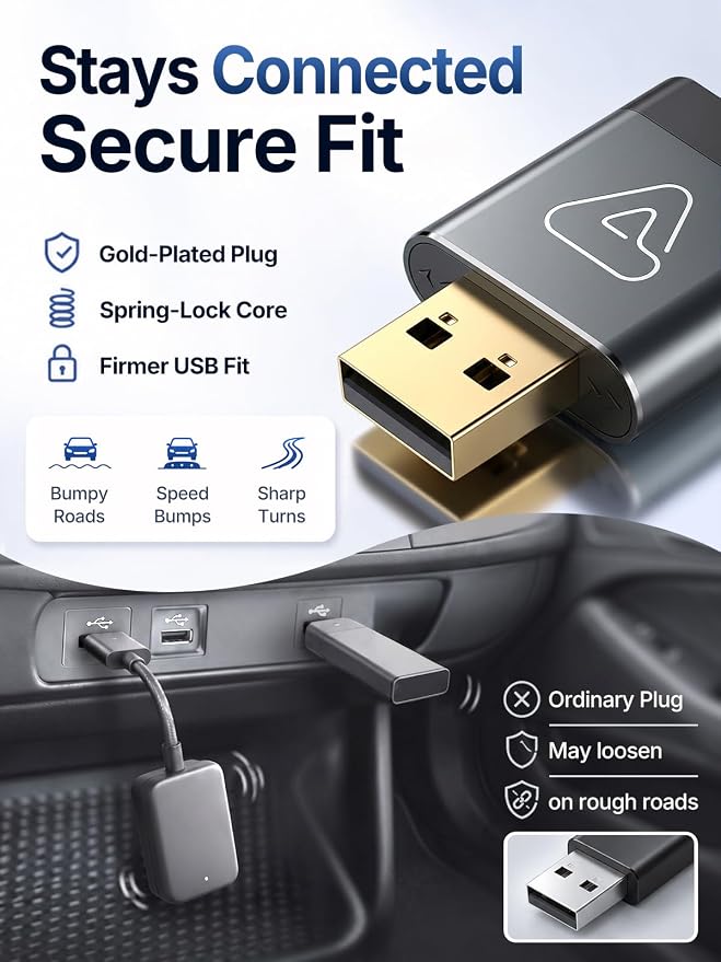 Wireless CarPlay Adapter for Apple Daily Commute, Wired to Wireless | Ultra Mini, Cooling Design, Fast Stable Connection, Easy to Set Up, USB C/A, Bluetooth 3s Reconnect, Maps Music Calls