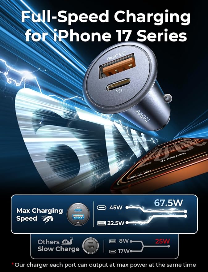 AINOPE 67.5W Cigarette Lighter Adapter Car Charger USB C Fast Charging | [Mini & Metal] PD&QC Cigarette Lighter USB Charger 12V Outlet Plug Socket for iPhone 17 16 15 14 Pro Max, Samsung S26 S25