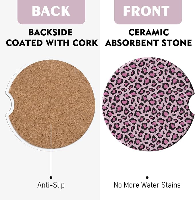 2 Pack Car Coasters for Cup Holders, Absorbent Ceramic Cup Coaster with Cork Base and Finger Notch, Cute Car Accessories Interior for Women Men (Leopard-Pink)