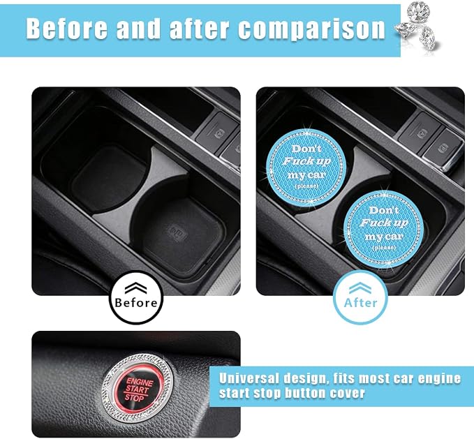 Ziciner 2 Pack Bling Car Cup Holder Coasters with Start Stop Button Cover, 2.75 inch Crystal Rhinestone Soft Rubber Auto Cup Insert Pad, Non-Slip Universal Vehicle Interior Accessories (Light Blue)
