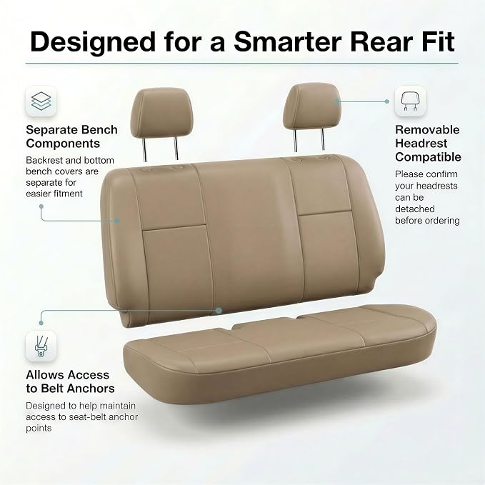 FH Group Classic PU Leather Split Bench Car Seat Cover – Universal Fit for Cars Trucks & SUVs (Solid Beige)