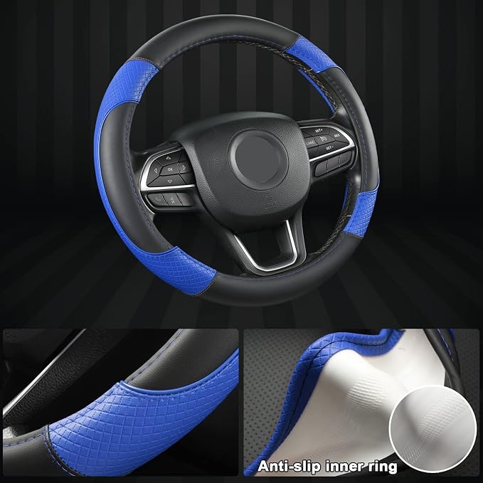 GIANT PANDA Steering Wheel Cover for Jeep Wrangler, Car Steering Wheel Cover for Jeep Grand Cherokee and Cherokee - Black+Blue