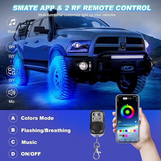 24 Pods RGB LED Rock Lights for Semi Trucks Offroad Pickup Trailer Sedan Boat, 12V Waterproof Dual Zone APP/RF Control Music Mode Brake Light Red Green Blue Underglow Neon Kit with Extension Wires