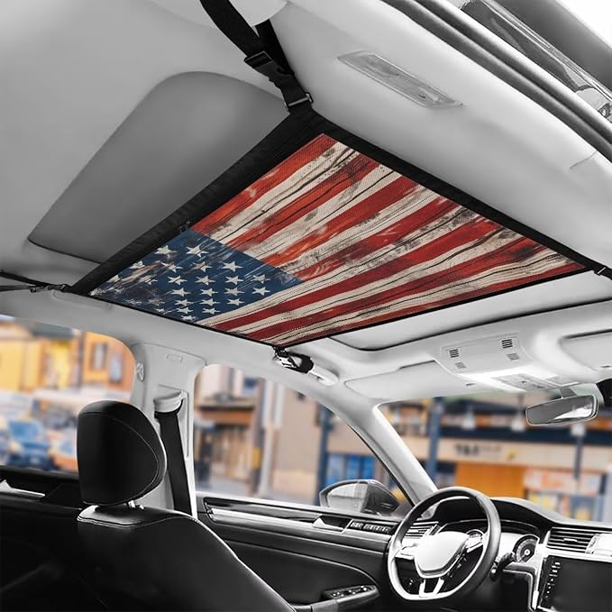 Dreaweet Wood Grain American Flag Car Ceiling Cargo Net Pocket Storage Net Patriotic Interior Car Roof Cargo Net for SUV Mini Van Truck Sedan Double-Layer and Load-Bearing Car Ceiling Organizer Net