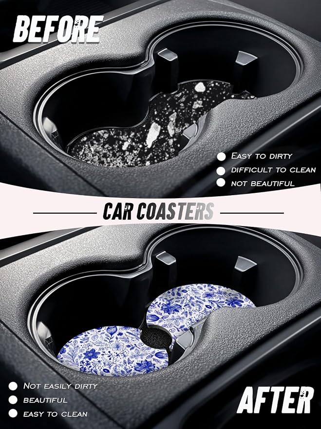 Car Cup Coasters,2 Pack Car Coaster,2.75inch Anti Slip and Absorbent Cars Coasters for Cup Holders,Neopren Accessories for Women,Cute Decor for Women (Blue and White Flower)