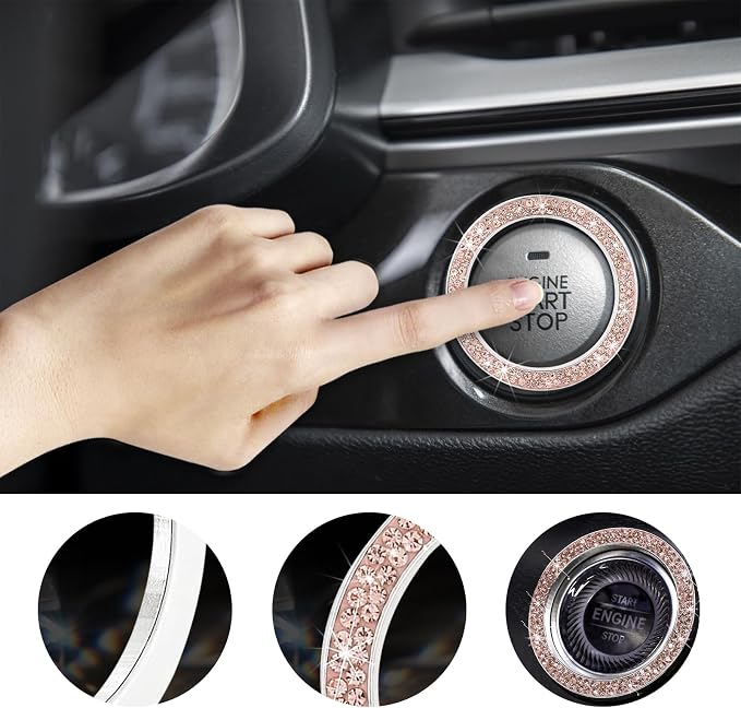 Kewucn 2 PCS Bling Crystal Double Rhinestone Car Engine Start Decoration Ring, Sparkling Push Start Button Sticker, Key Ignition & Knob Ring Decoration, Bling Car Interior Accessory(Peach)