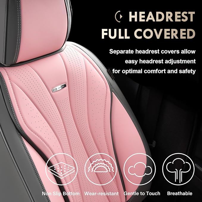 Coverado Car Seat Covers Full Set, Universal Seat Cover for Cars, Luxury Faux Leather Seat Covers, Car Seat Protector Waterproof, Automotive Seat Cover, Car Seat Cushions Fit for Most Cars (Gray&Pink)