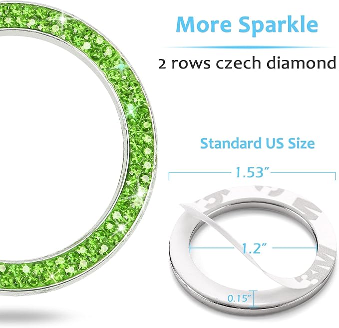 ToBeQueen Bling Car Crystal Rhinestone Ring Emblem Sticker, Car Interior Decoration, Bling Car Accessories for Women, Push to Start Button, Key Ignition Starter & Knob Ring (Green)