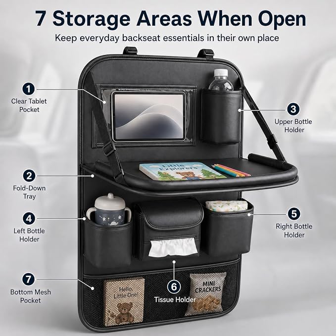 Backseat Car Organizer with Tray, PU Leather Back Seat Organizer, Foldable Seat Back Storage with Tissue Holder, Cup Holders for Family Road Trips, Black, 1 Pack