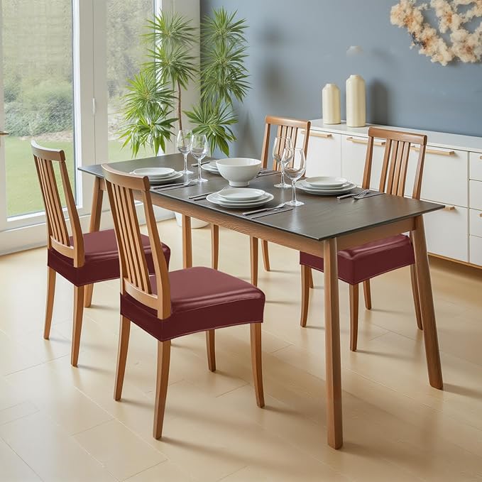 Waterproof Dining Chair Seat Covers Leather Kitchen Seat Covers, Stain Resistant Stretch Chair Seat Covers for Dining Room Chairs Set of 6, Rear Covered Washable Dining Chair Covers Wine Red