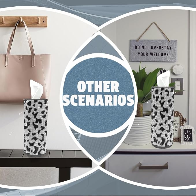 Bling Car Tissue Holder for Cup Holder – Sparkly Rhinestone Round Tissue Dispenser with 1 Pack Tissues – Fits Standard Auto Cup Holders – Stylish Car Interior Accessory for Women (Cow)