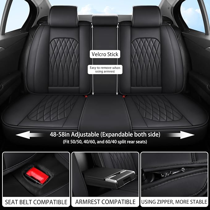 WELLDO Nappa Faux Leather Car Seat Covers Full Set, Black | Waterproof, Non-Slip Seat Protector, 0.28in Thickened Cushion, Airbag Compatible, Universal for Cars SUV Truck Pickup