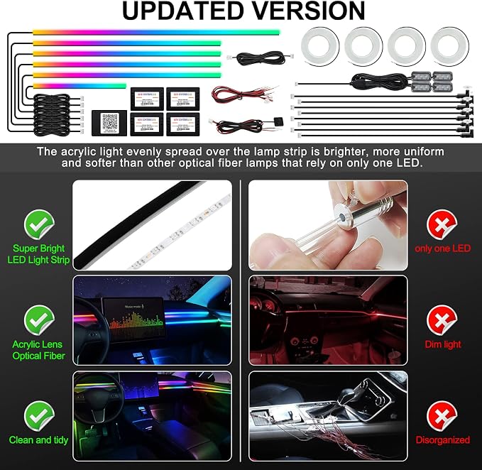 Dreamcolor Acrylic Interior Car LED Strip Light with Wireless APP, RGB 22 in 1 with 175 inches 593 LEDs Fiber Optic Ambient Lighting Kits, 16 Million Colors Sound Active Function Car Neon Lights
