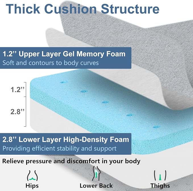 Shinnwa Gel Memory Foam Recliner Cushion for Elderly, Extra Large Seat Cushion, Dual-Layer Foam Chair Pad for Couch, Armchair, Wicker Chairs, Floor, 18 × 18 × 4in, Light Gray