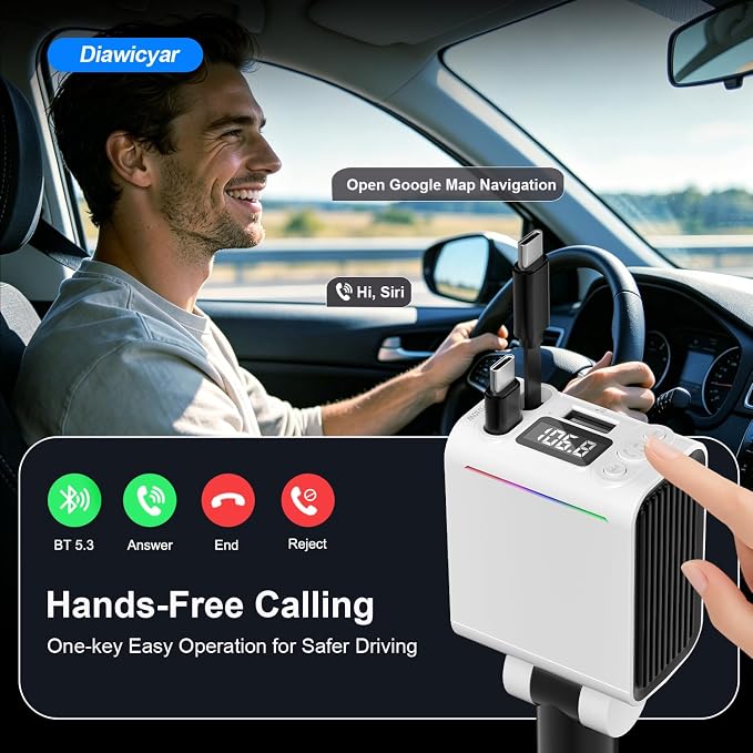 45W FM Transmitter Bluetooth Car Adapter, Wireless FM Bluetooth Transmitter | [PD 30W & QC3.0] Retractable Car Charger, Hands-Free Calling, White