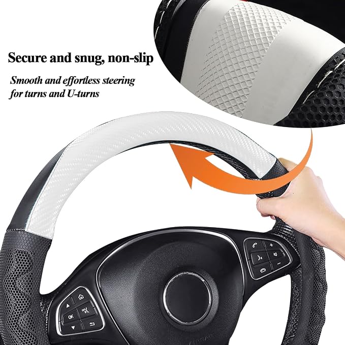 HZEL Car Steering Wheel Cover, Carbon Fiber Breathable Soft Grip Vehicle Steering Wheel Protector with Anti-Slip Lining, Automotive Interior Protective Decor Accessories, Universal Fit (White)