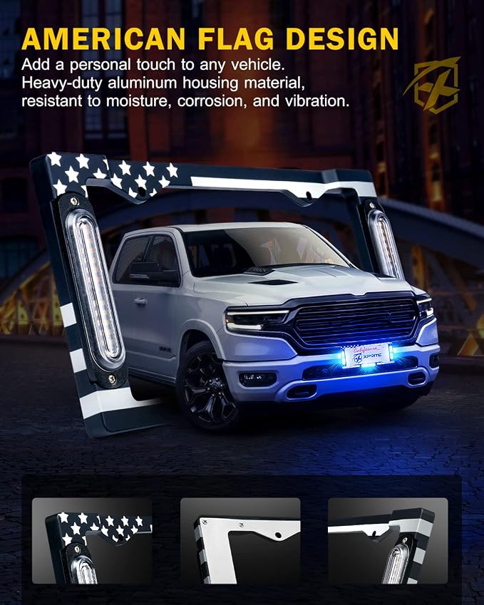 Xprite 36 LED License Plate Strobe Light, US Flag Front/Rear Utility Lights, 22 Modes Caution Frame for Construction Towing Snow Plow Pickup Work Trucks Cars - Blue (w/Pre-Installed 9FT Cable)