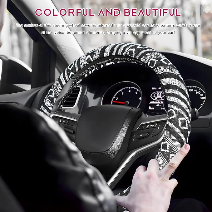 Boho Steering Wheel Cover, Anti-Slip Coarse Flax Cloth Ethnic Style Auto Wheel Cover, Breathable Boho Auto Steering Wheel Protector for Women Men, Car Accessories (Style E)