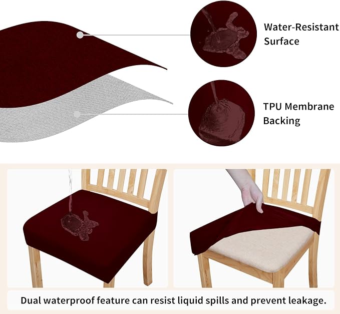 Easy-Going 100% Waterproof Seat Covers for Dining Room Chairs Set of 4, Stretch Chair Seat Slipcovers Protector Removable and Washable Kitchen Dining Chair Covers, Wine