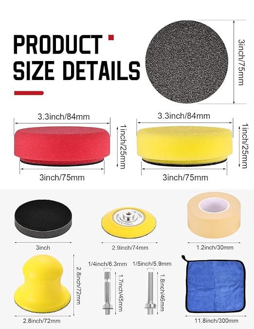 3 Inch Wet Dry Headlight Restoration Kit, Drill Sanding & Polishing Attachment with 800-5000 Grit Sandpaper Discs, 1/4 Shanks, Foam Pads, 3.5'' Face Buffing Polishing Pads, Masking Tape