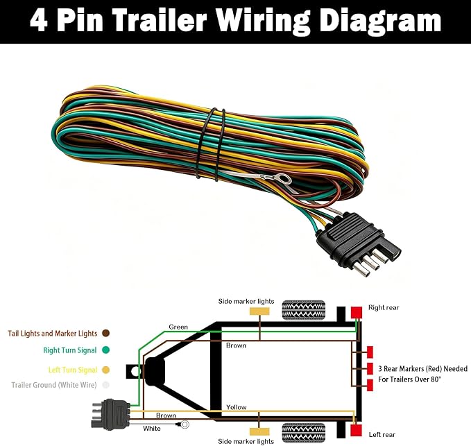 25ft 4 Wire 4-Flat Trailer Light Wiring Harness Extension Kit, Trailer Wiring Harness with 18 Gauge White Ground Wire for Trailers O-016