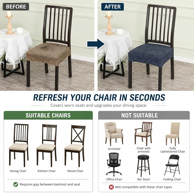 NILUOH Waterproof Seat Covers for Dining Room Chairs Set of 4, Stretch Printed Chair Seat Slipcovers Dining Chair Cover Removable Washable Chair Protctor Cover, Rear Covers