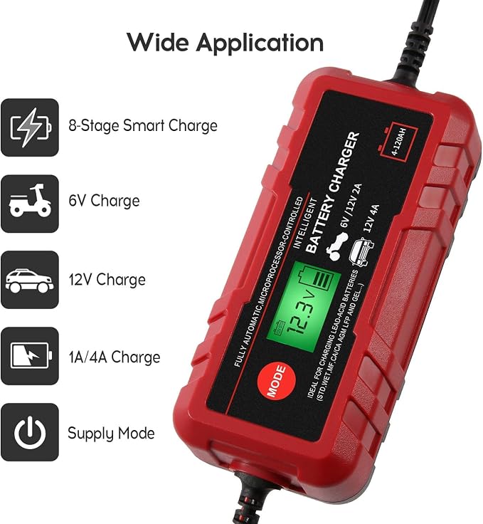4A Smart Car Battery Charger, 6V 12V Automotive Charger Maintainer Fully Automatic 8-Stages Trickle Charger for Automotive Motorcycle Car Battery, Portable 4A Smart Car Battery Charger 6V 12V