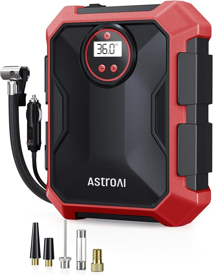 AstroAI Tire Inflator Portable Air Compressor 12V DC 100PSI, Integrated Storage, Digital Gauge, Auto Shut-Off Fast Inflation LED Light, Air Pump for Car Tires Bike Motorcycle Other Inflatables, Red