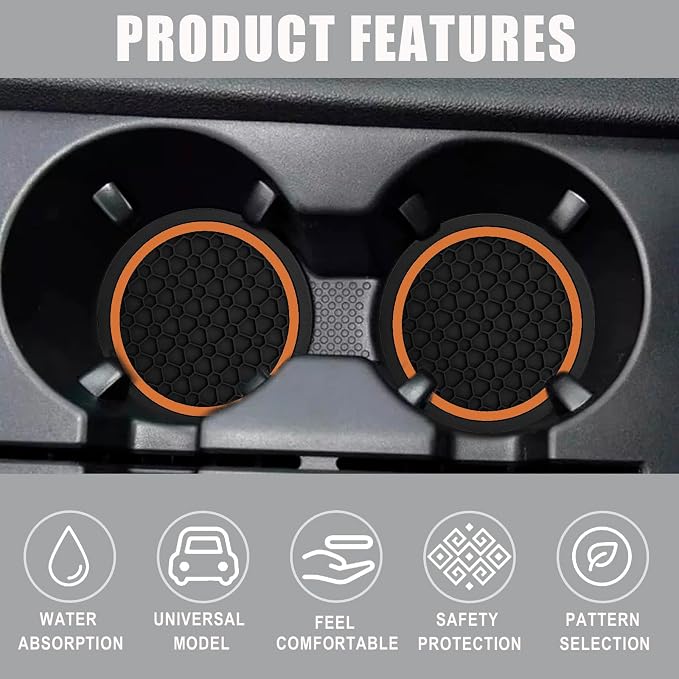 Car Cup Holder Coasters, Dustproof Automotive Interior Accessories Mat,2.75 Inch Non-Slip Insert Water Bottle Holder Pads, Universal for Vehicles, Trucks, RVs and More (Black/Orange, 2PCS)