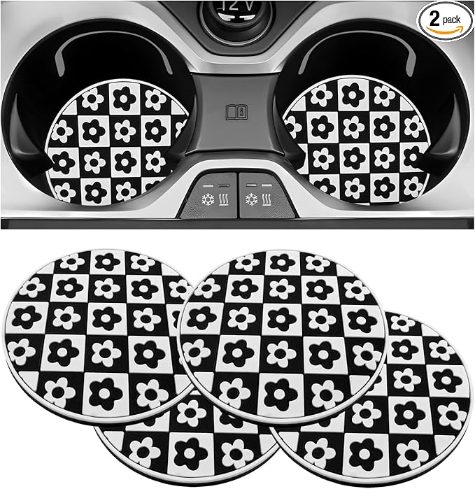 4 PCS Car Cup Coasters, 2.76 Inch Shockproof Auto Cup Holder Insert Coaster Checkered Drink Mat, Anti-Slip Waterproof Water Bottle Pad Stylish Grid Decoration for Most Vehicles (Flower)