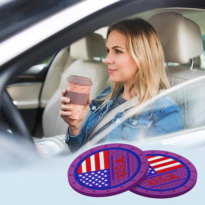 AUCELI 4 Pack Car Cup Holder Coasters, Colored American Flag US Flag Insert Car Cup Coaster, 2.75 Inch Anti Slip Shockproof Embedded Drink Mat, Vehicle Interior Decor Accessories