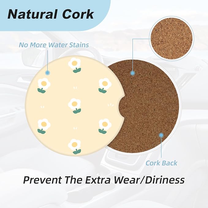 Cute White Flower Car Coasters for Cup Holders,2 Pack Car Cup Holder Coasters for Car,Ceramic Absorbent Car Coaster with A Finger Notch and Cork Base,Car Interior Accessories for Women Men