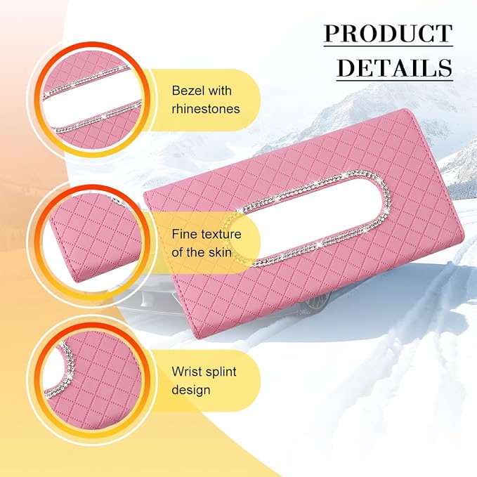 Bling Car Visor Tissue Holder, Crystal Rhinestones Vehicle Sun Visor Hanging Napkin Organizer Case with Ergonomic Take Out Port, Automotive Interior Tissue Dispenser, Universal Fit (Pink)