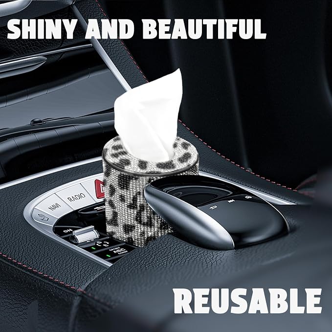 Bling Car Tissue Holder for Cup Holder – Sparkly Rhinestone Round Tissue Dispenser with 1 Pack Tissues – Fits Standard Auto Cup Holders – Stylish Car Interior Accessory for Women (Cow)