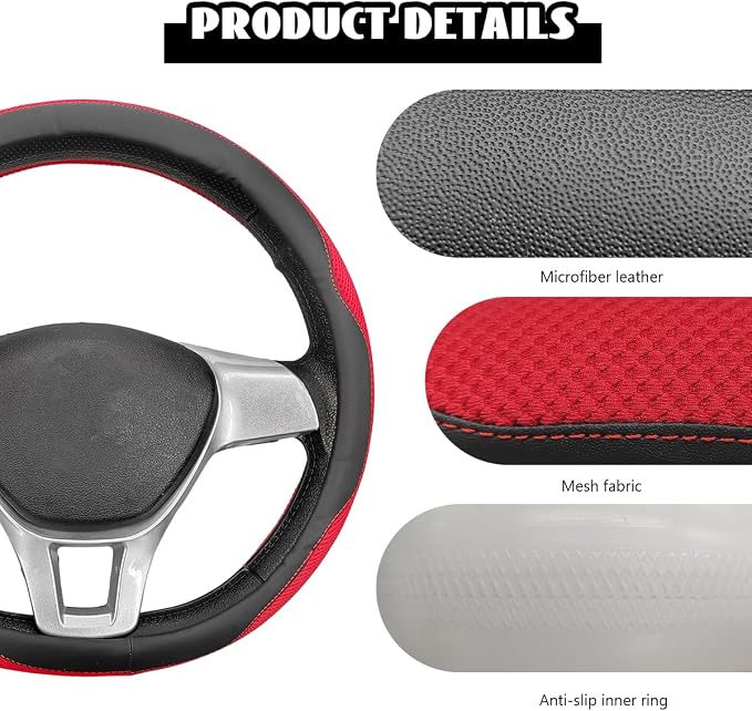 Microfiber Leather Steering Wheel Cover, Breathable Steering Wheel Protector with Anti-Slip Inner Ring, Universal 14.5"-15" Car Wheel Cover Auto Interior Decor for Men Women (Red)