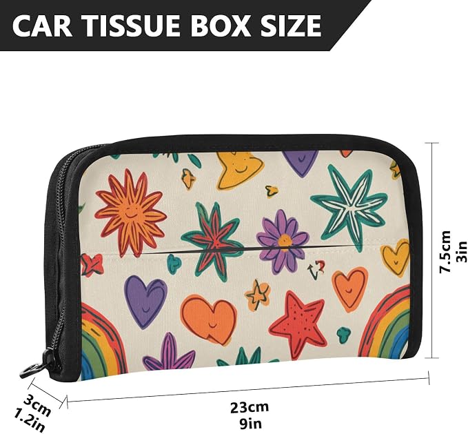 Car Visor Tissue Holder Mask Holder for Car, Car Tissue Box Sun Visor Napkin Holder Car Visor Accessories Adjustable Straps Reusable Durable Easy to Install Beige Doodle Star Heart Rainbow